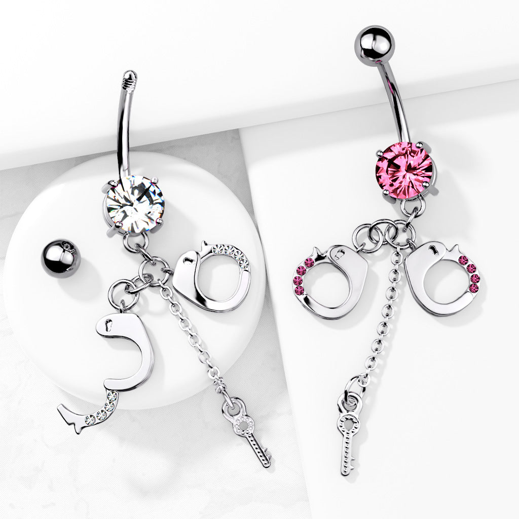 316L Surgical Steel Dangling Gem Handcuffs and Key Prong Set Belly Button Ring