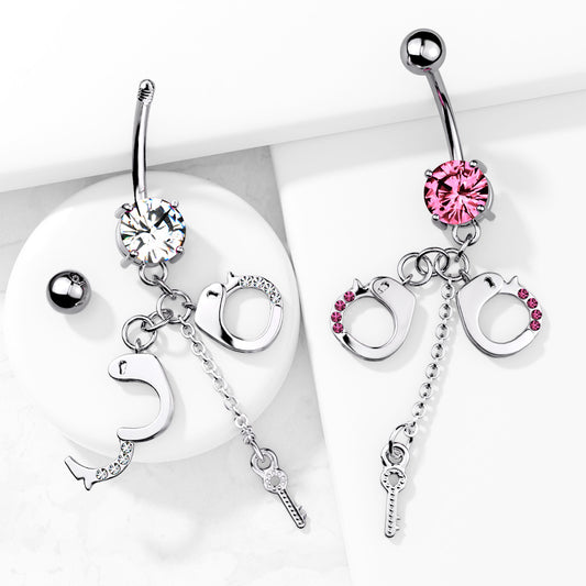 316L Surgical Steel Dangling Gem Handcuffs and Key Prong Set Belly Button Ring