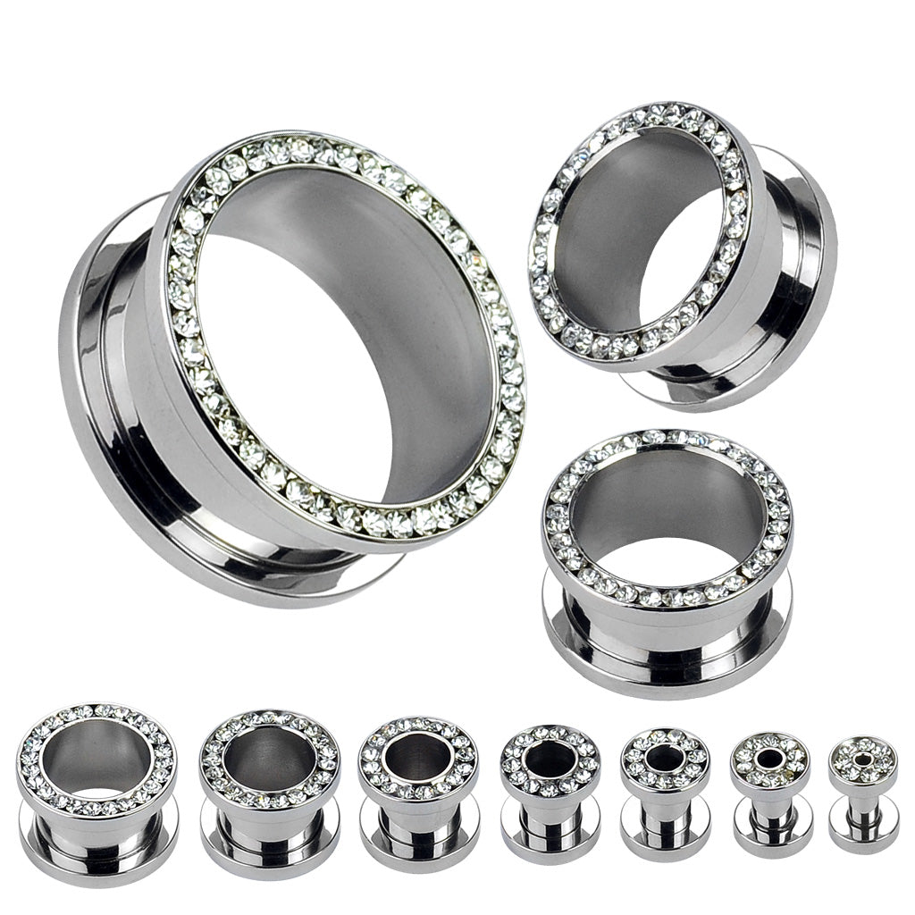 CZ Lined Rim 316L Surgical Steel Screw Fit Flesh Tunnel - Pic&Mix The Body Jewellery Shop
