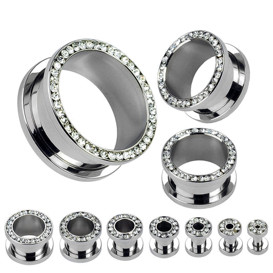 CZ Lined Rim 316L Surgical Steel Screw Fit Flesh Tunnel - Pic&Mix The Body Jewellery Shop