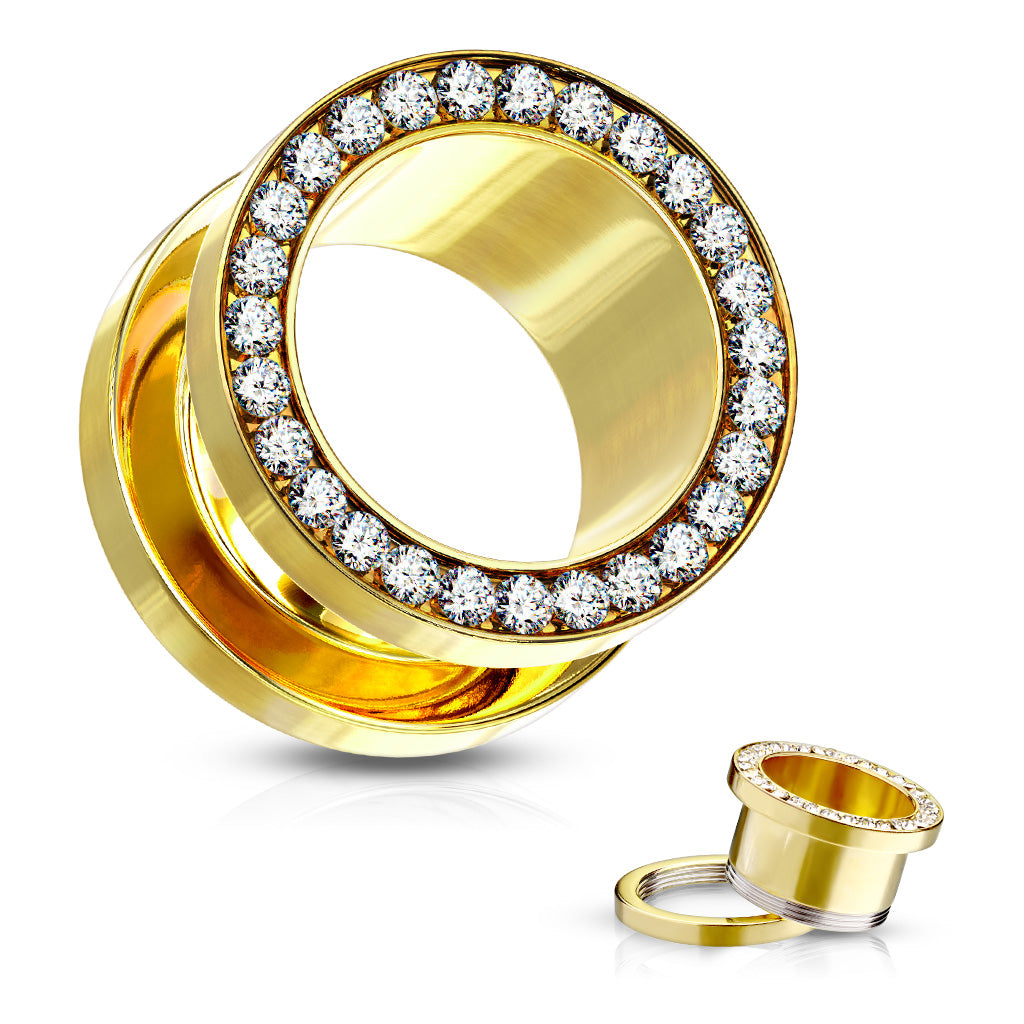 Clear Gem Set Rim PVD Over 316L Surgical Steel Screw Fit Flesh Tunnels – Sparkling Ear Stretching Jewellery (Copy)