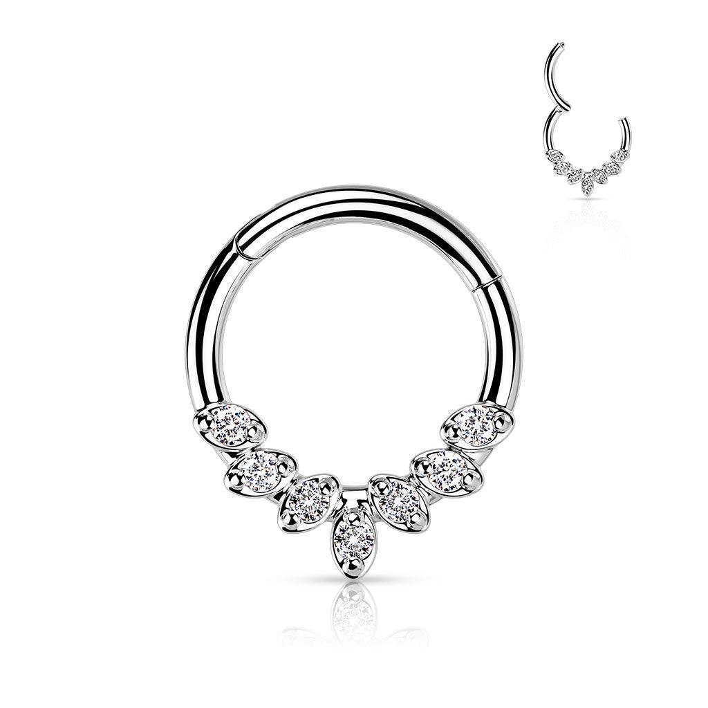 Hinged surgical steel septum or daith rings Forward Facing 7 CZ Leaves - Pic&Mix The Body Jewellery Shop