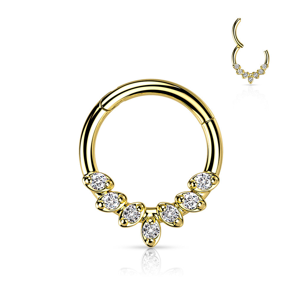 Hinged surgical steel septum or daith rings Forward Facing 7 CZ Leaves - Pic&Mix The Body Jewellery Shop
