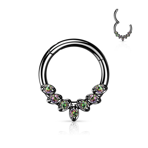 Hinged surgical steel septum or daith rings Forward Facing 7 CZ Leaves