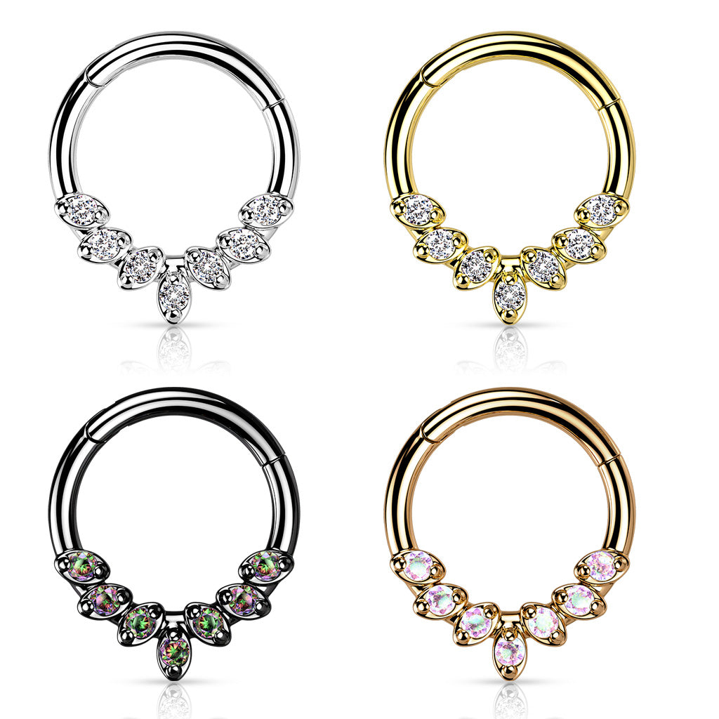 Hinged surgical steel septum or daith rings Forward Facing 7 CZ Leaves - Pic&Mix The Body Jewellery Shop
