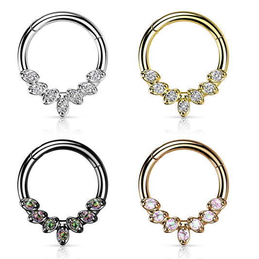 Hinged surgical steel septum or daith rings Forward Facing 7 CZ Leaves - Pic&Mix The Body Jewellery Shop