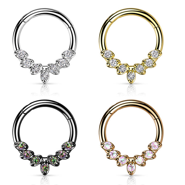 Hinged surgical steel septum or daith rings Forward Facing 7 CZ Leaves
