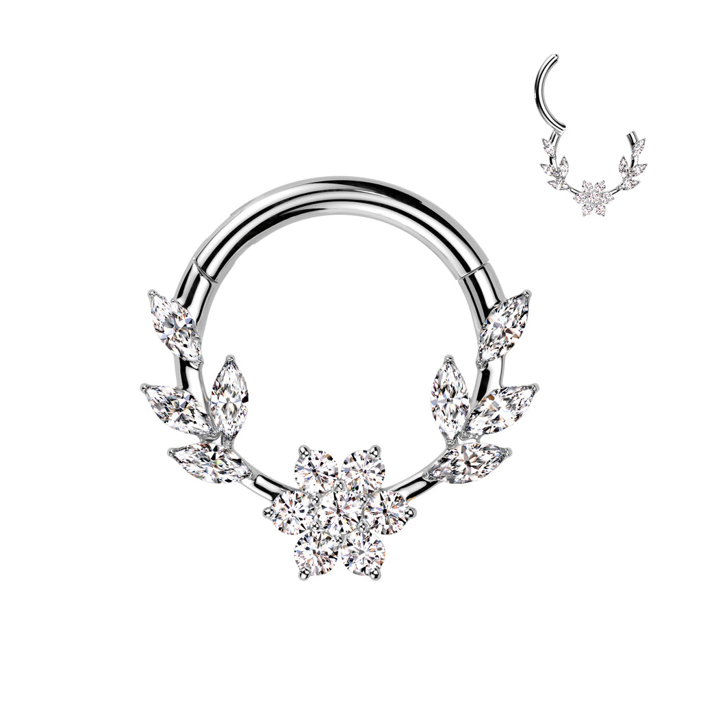 316L Surgical Steel Flower CZ Center Hinged Ring With Marquise CZ Vines - Pic&Mix The Body Jewellery Shop