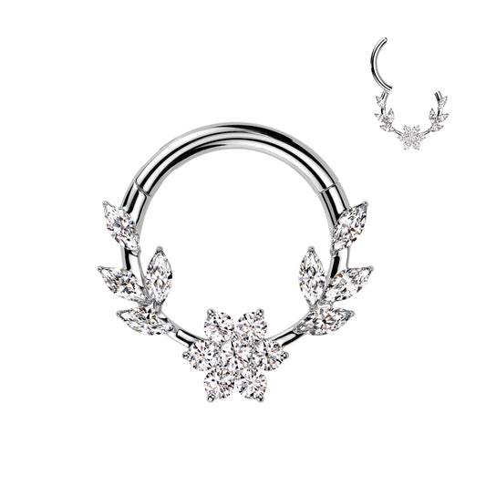 316L Surgical Steel Flower CZ Center Hinged Ring With Marquise CZ Vines - Pic&Mix The Body Jewellery Shop