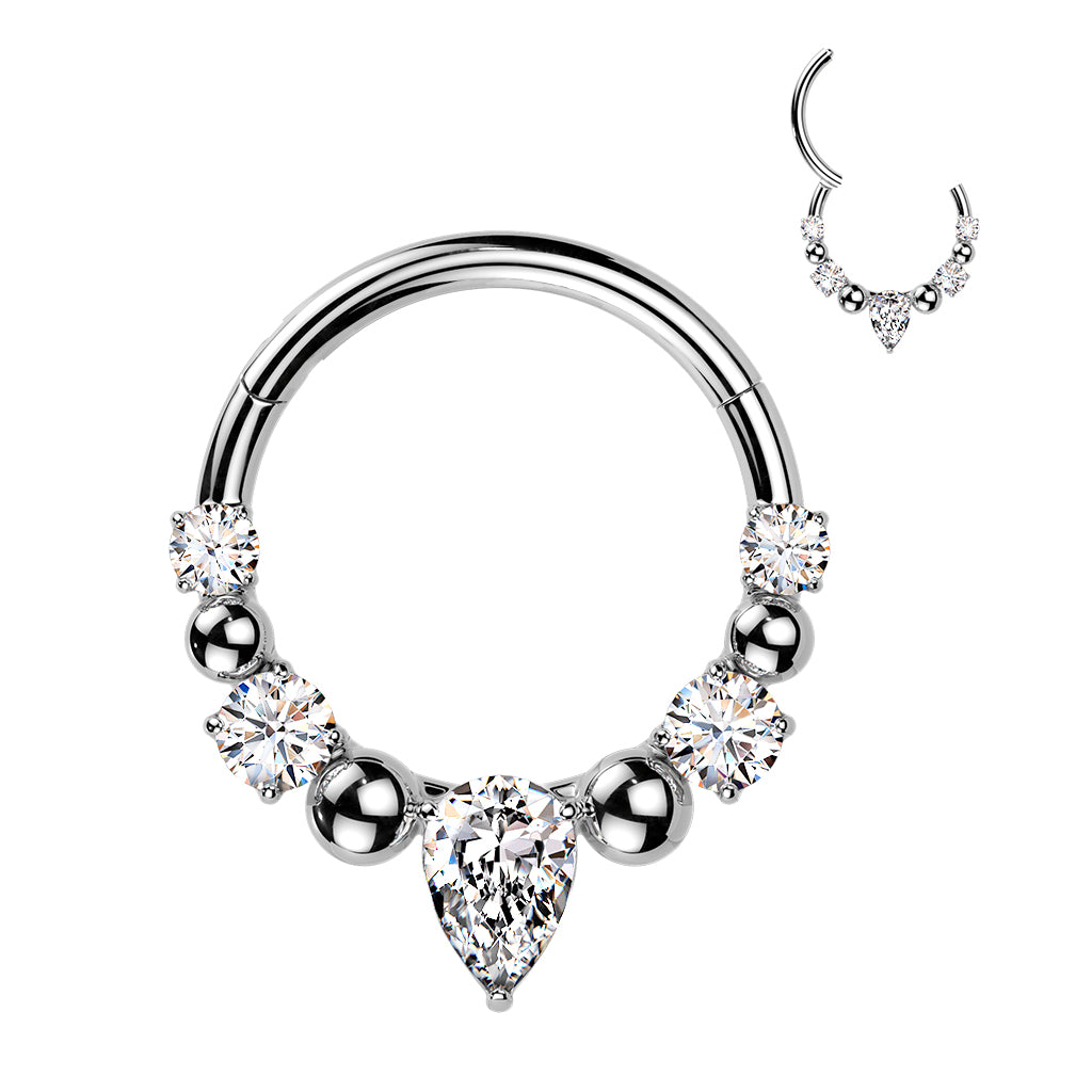 316L Ball And CZ Hinged Segment Hoop Ring With Teardrop CZ Center - Pic&Mix The Body Jewellery Shop