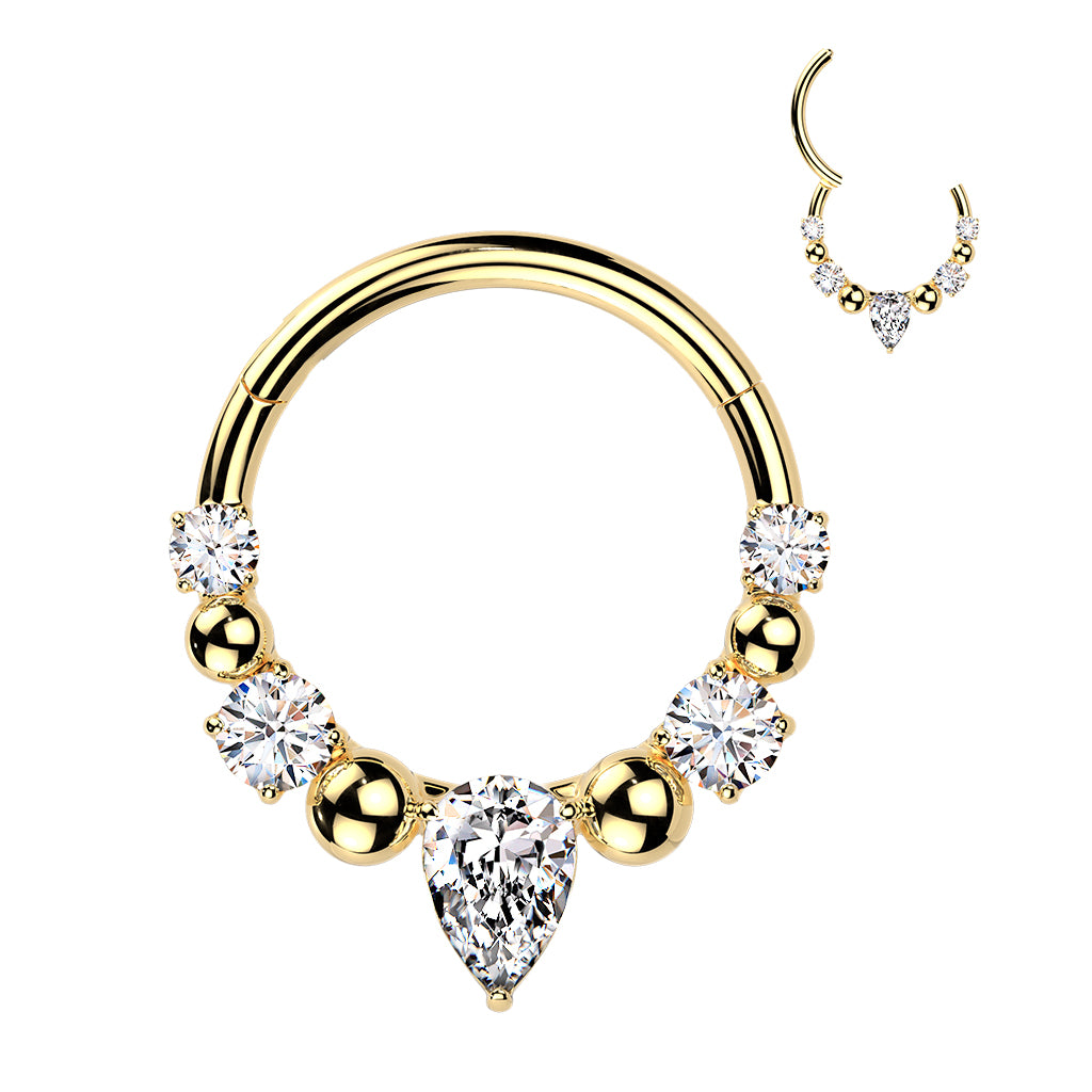 316L Ball And CZ Hinged Segment Hoop Ring With Teardrop CZ Center - Pic&Mix The Body Jewellery Shop