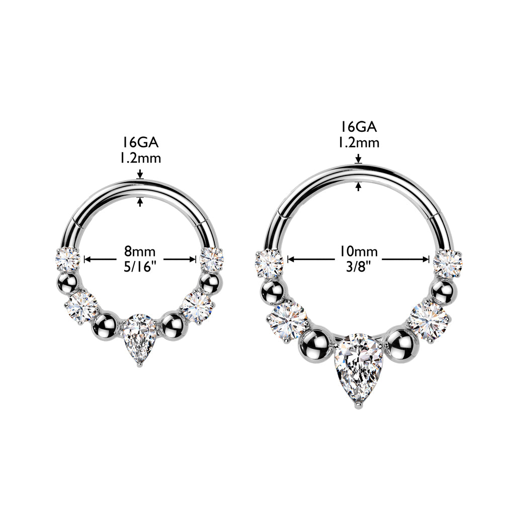 316L Ball And CZ Hinged Segment Hoop Ring With Teardrop CZ Center - Pic&Mix The Body Jewellery Shop