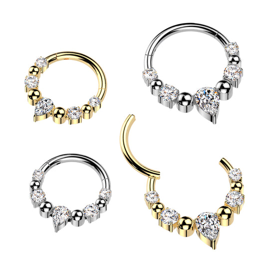 316L Ball And CZ Hinged Segment Hoop Ring With Teardrop CZ Center - Pic&Mix The Body Jewellery Shop