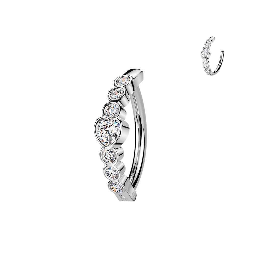 316L Hinged Belly Button Ring With Heart CZ and 6 Round CZ