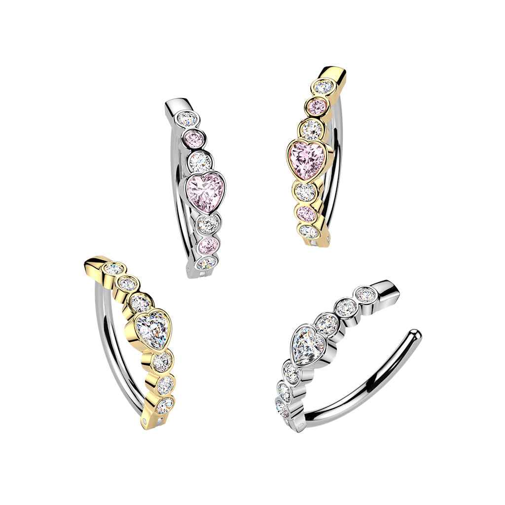 316L Hinged Belly Button Ring With Heart CZ and 6 Round CZ