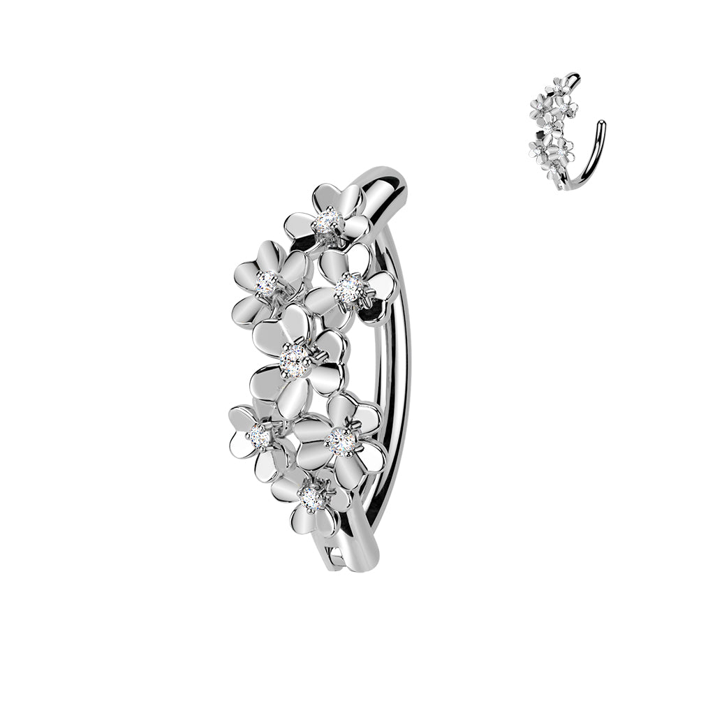 316L Hinged Belly Button Ring With CZ Centered Flowers 1.6x12mm