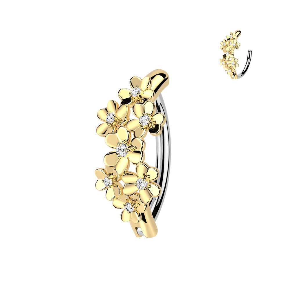 316L Hinged Belly Button Ring With CZ Centered Flowers 1.6x12mm
