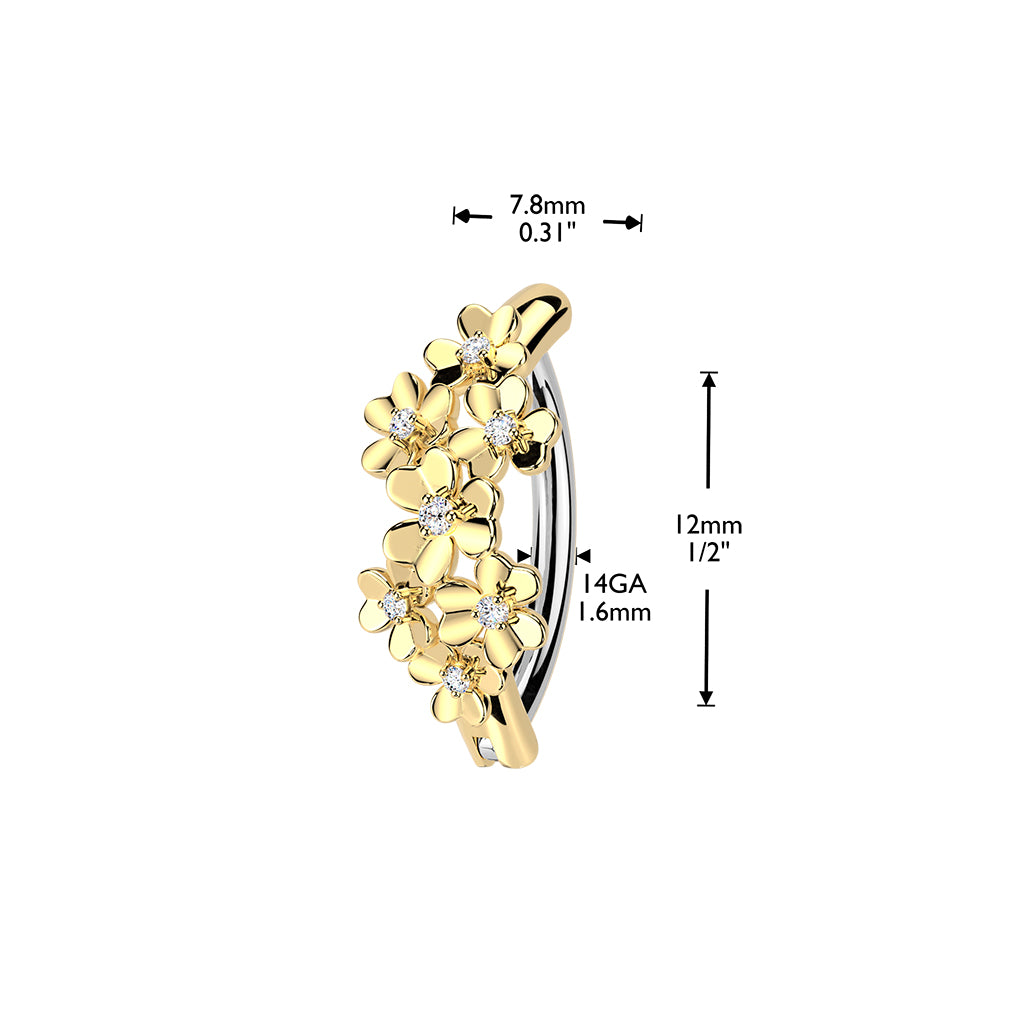 316L Hinged Belly Button Ring With CZ Centered Flowers 1.6x12mm