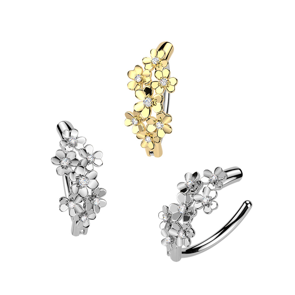 316L Hinged Belly Button Ring With CZ Centered Flowers 1.6x12mm