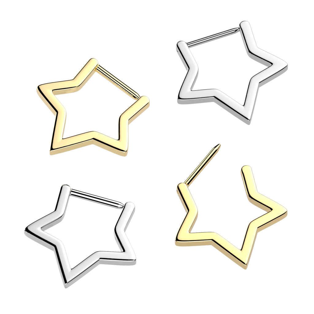 Implant Grade Titanium Hinged Hollow Star Segment Hoop Ring With Straight Bar - Pic&Mix The Body Jewellery Shop