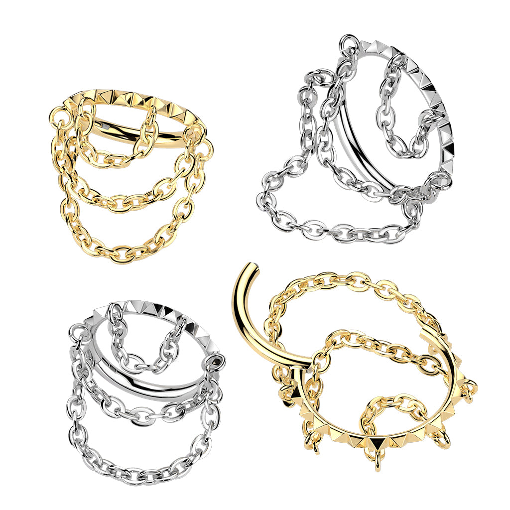 Titanium Hinged Segment Hoop Ring With Spikes and Triple Chain Dangle 1.2x8mm