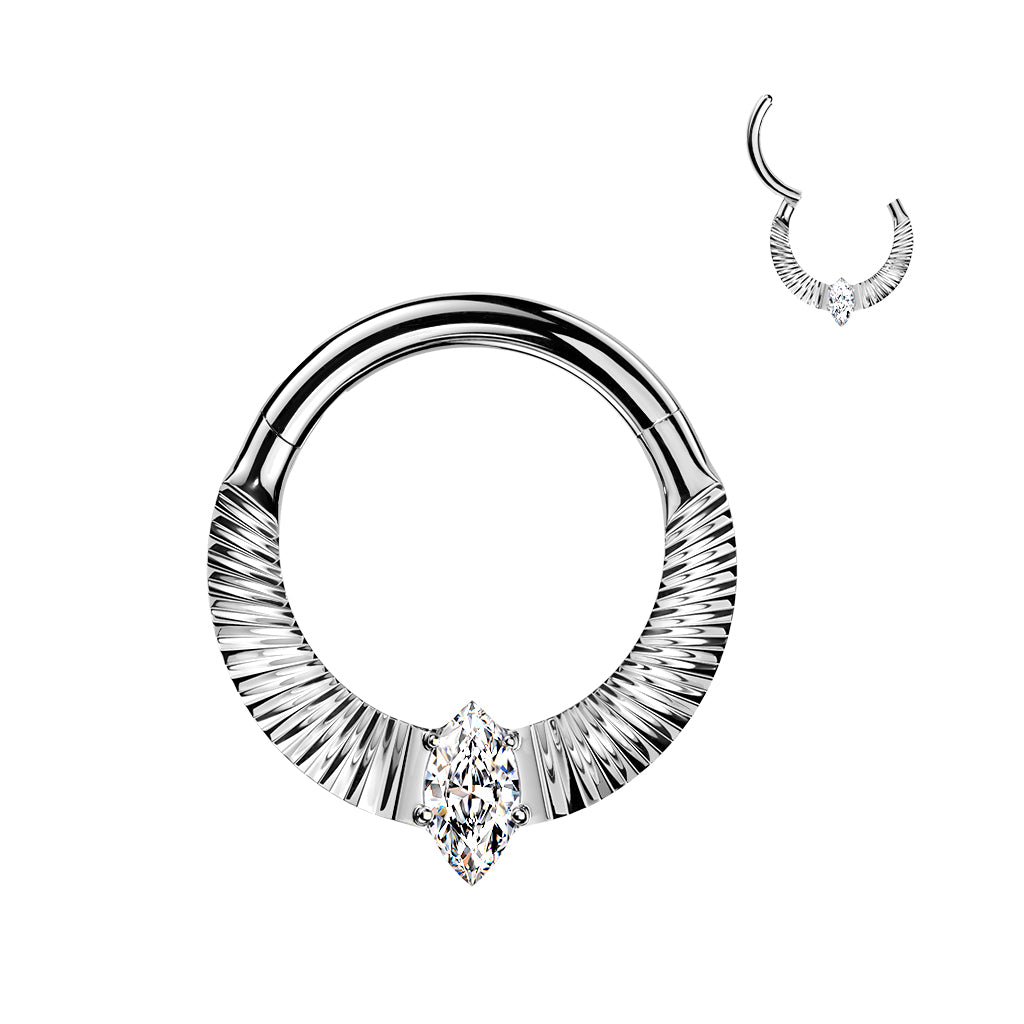 Titanium Hinged Segment Hoop Ring With Diamond Cuts & Marquise CZ Center