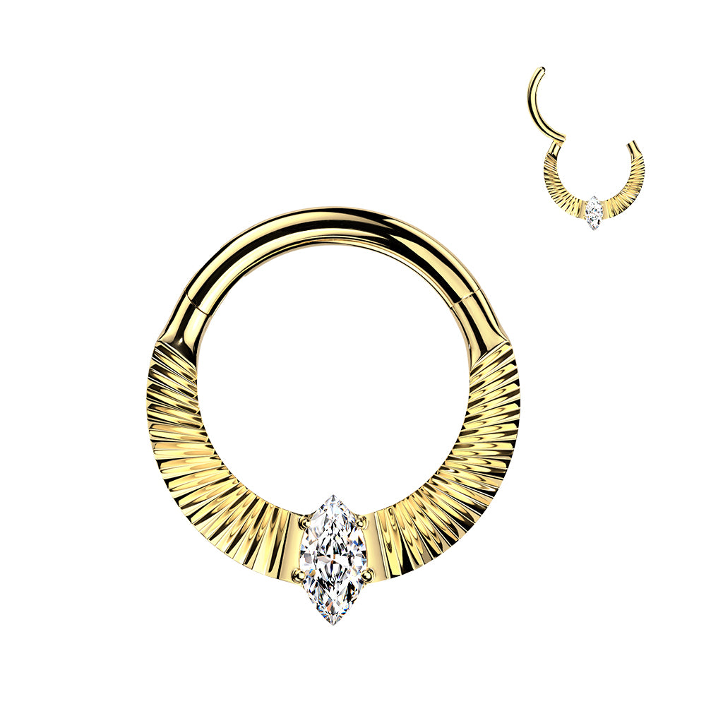 Titanium Hinged Segment Hoop Ring With Diamond Cuts & Marquise CZ Center