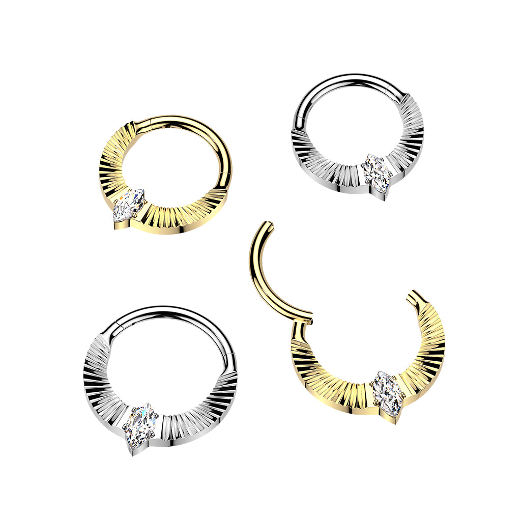 Titanium Hinged Segment Hoop Ring With Diamond Cuts & Marquise CZ Center