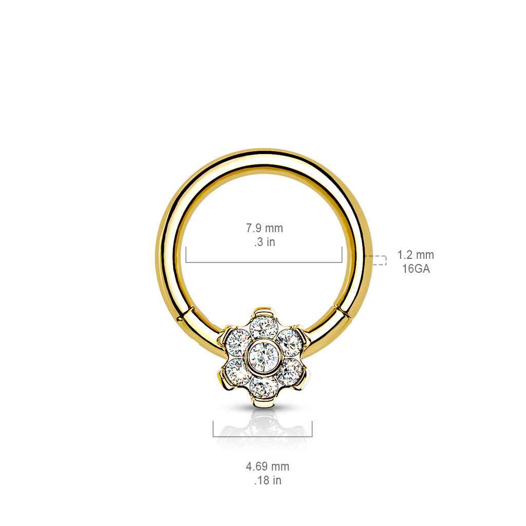 Implant Grade Titanium Hinged Segment Flower Hoop Ring With Bezel Set CZ Center and Prong Set Petals