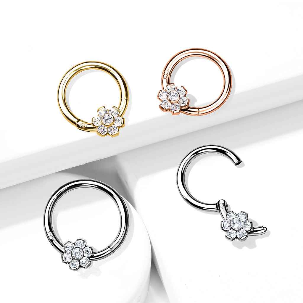 Implant Grade Titanium Hinged Segment Flower Hoop Ring With Bezel Set CZ Center and Prong Set Petals