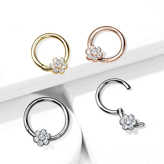 Implant Grade Titanium Hinged Segment Flower Hoop Ring With Bezel Set CZ Center and Prong Set Petals