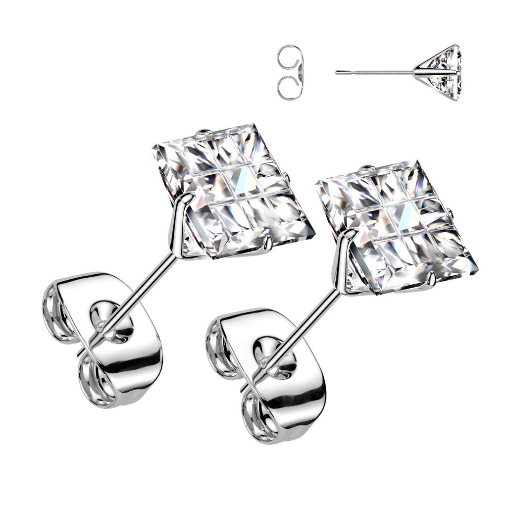 316L Surgical Steel Multi-Faceted Square Grid Gem Stud Earrings – Black, Gold Plate & HP Finish - Pic&Mix The Body Jewellery Shop