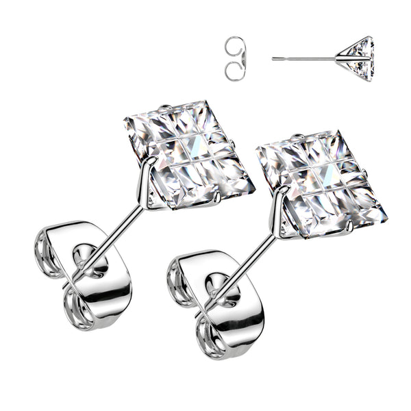 Pair of 316L Surgical Steel or Black PVD Square Gem Earring