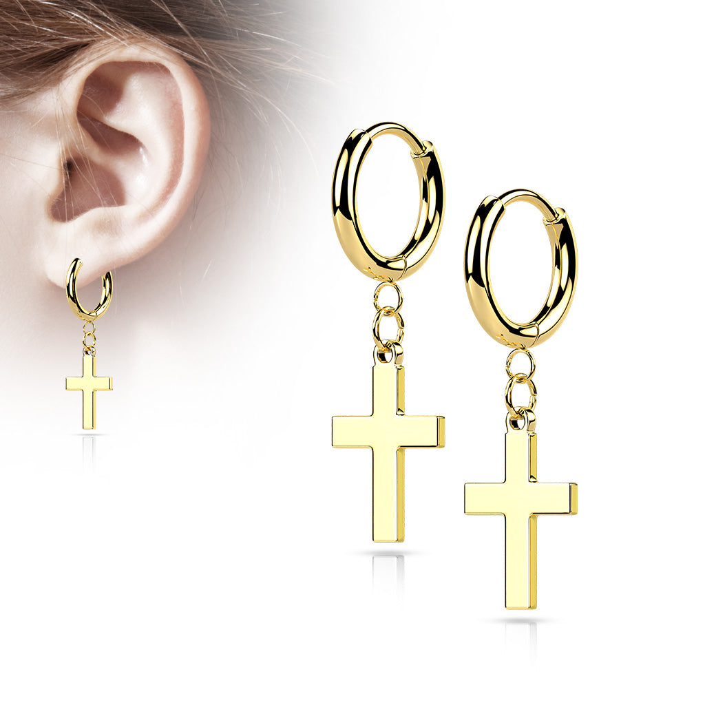 316L Surgical Stainless Steel Cross Dangle Hinged Hoop Earrings – Hypoallergenic Piercing Jewellery (Pair) - Pic&Mix The Body Jewellery Shop