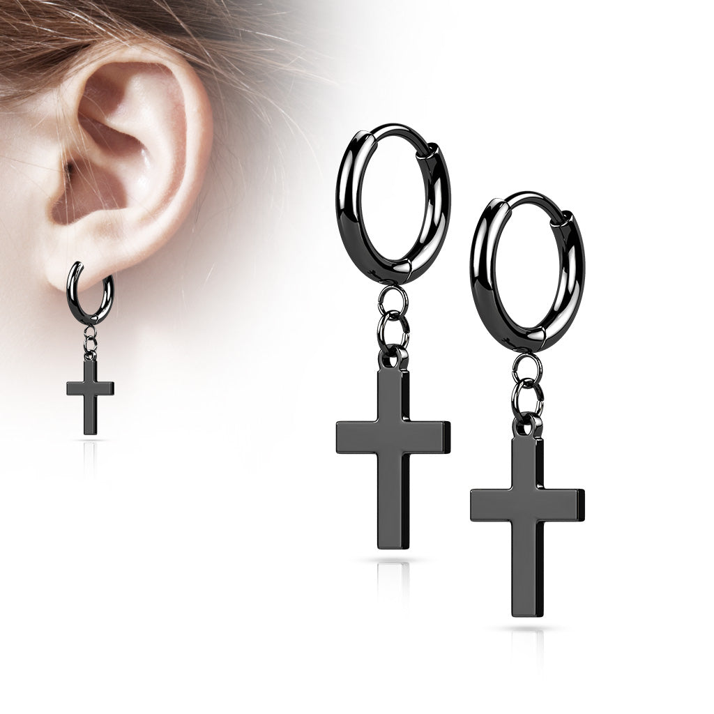 316L Surgical Stainless Steel Cross Dangle Hinged Hoop Earrings – Hypoallergenic Piercing Jewellery (Pair) - Pic&Mix The Body Jewellery Shop
