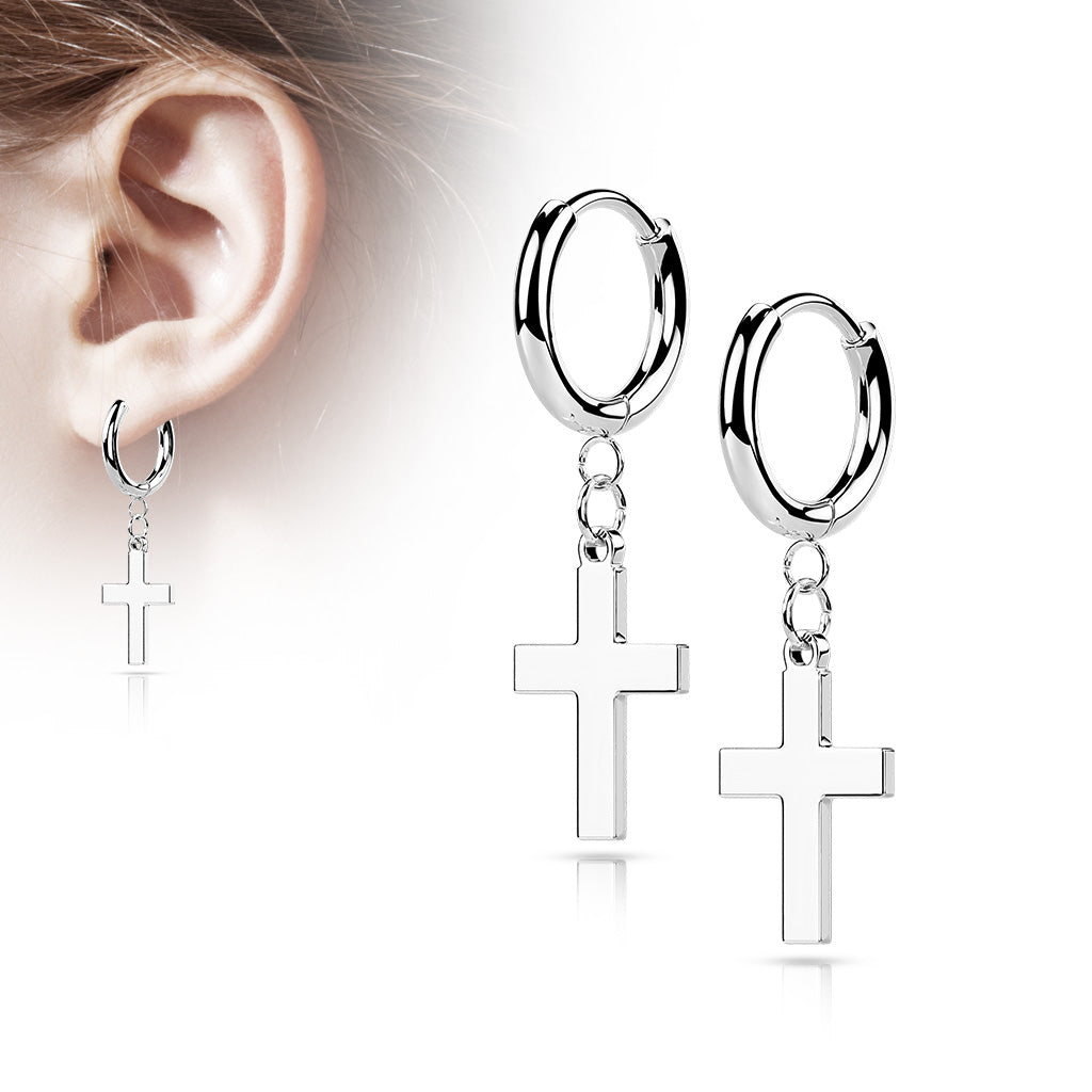 316L Surgical Stainless Steel Cross Dangle Hinged Hoop Earrings – Hypoallergenic Piercing Jewellery (Pair) - Pic&Mix The Body Jewellery Shop