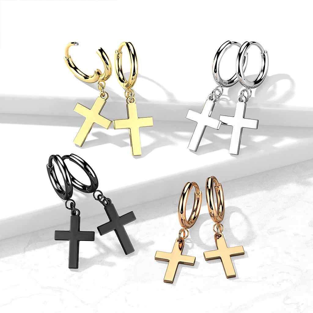 316L Surgical Stainless Steel Cross Dangle Hinged Hoop Earrings – Hypoallergenic Piercing Jewellery (Pair) - Pic&Mix The Body Jewellery Shop