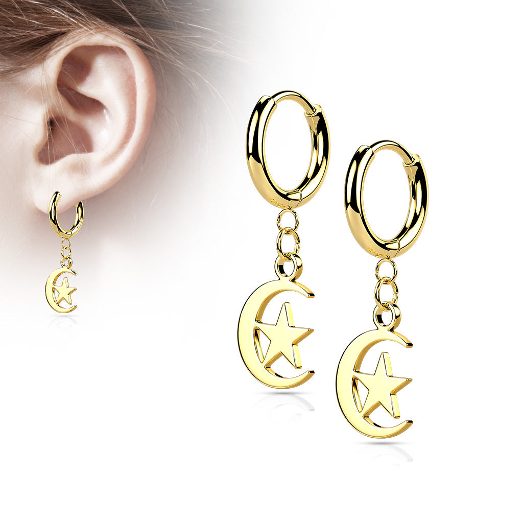 316L Surgical Stainless Steel Cross & Chain Dangle Hinged Hoop Earrings – Seamless Huggie Hoops (Pair) - Pic&Mix The Body Jewellery Shop