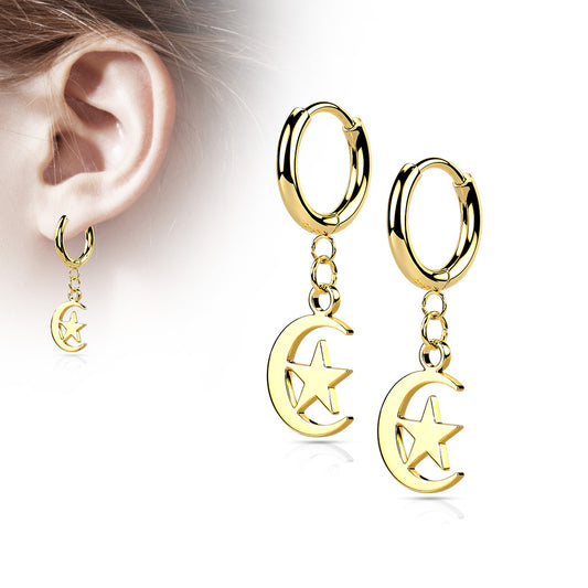 316L Surgical Stainless Steel Cross & Chain Dangle Hinged Hoop Earrings – Seamless Huggie Hoops (Pair) - Pic&Mix The Body Jewellery Shop
