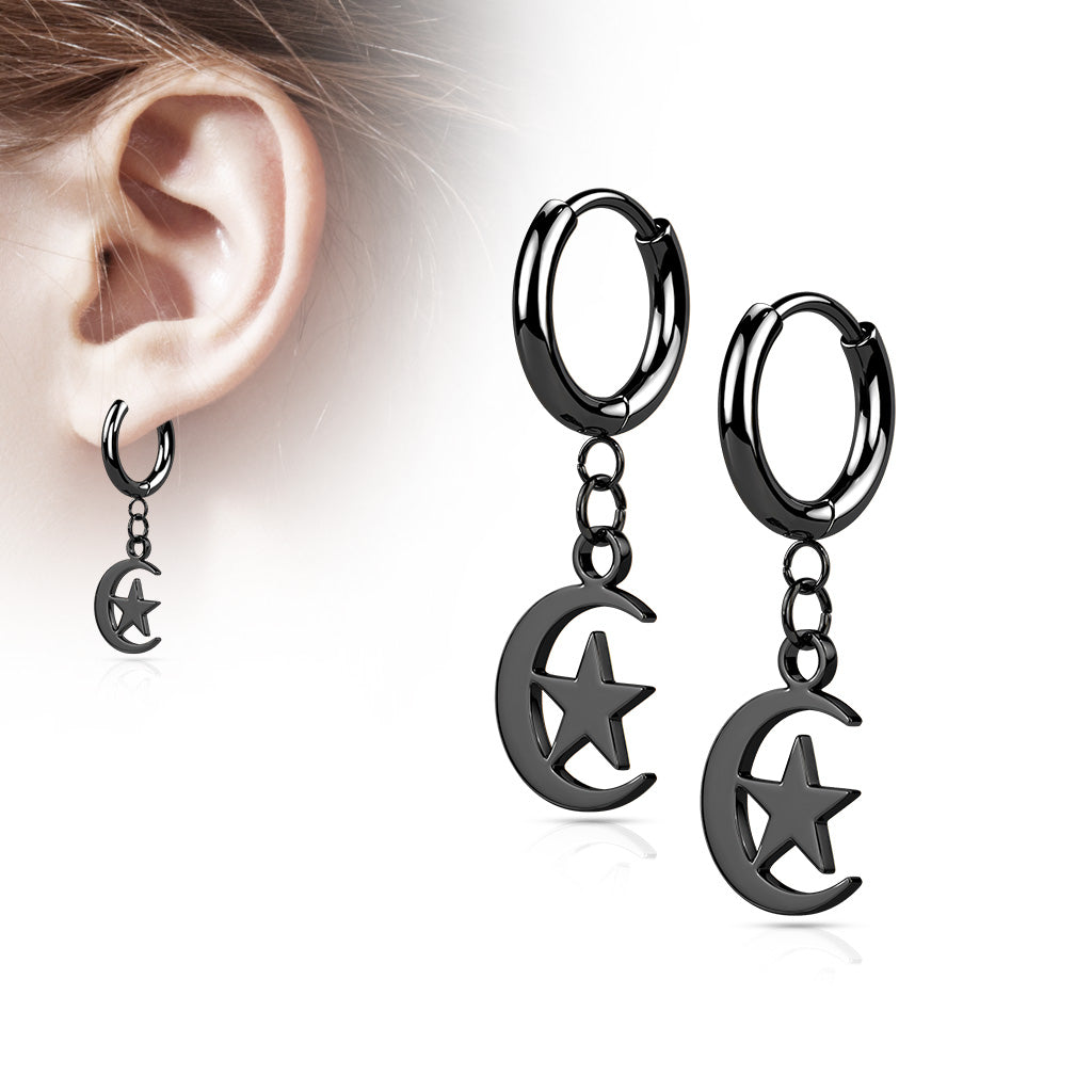 316L Surgical Stainless Steel Cross & Chain Dangle Hinged Hoop Earrings – Seamless Huggie Hoops (Pair) - Pic&Mix The Body Jewellery Shop