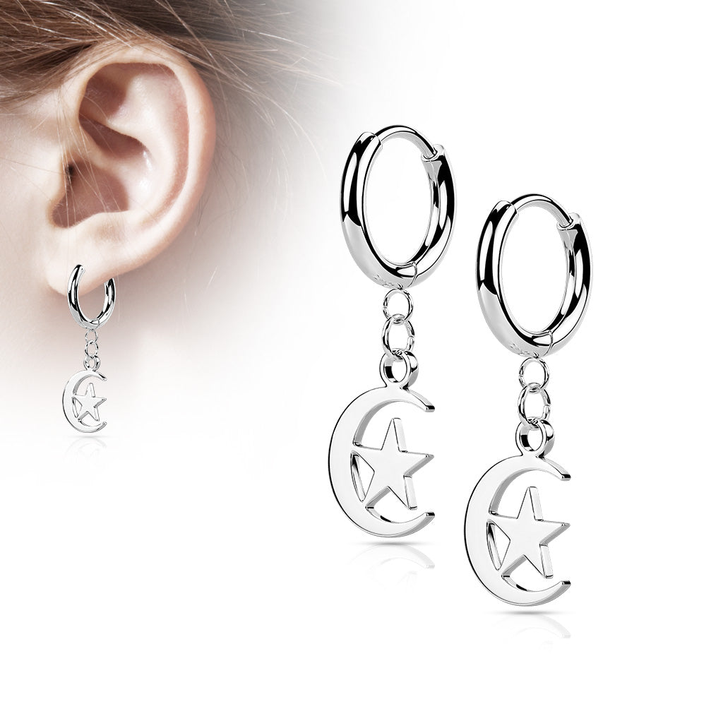 316L Surgical Stainless Steel Cross & Chain Dangle Hinged Hoop Earrings – Seamless Huggie Hoops (Pair) - Pic&Mix The Body Jewellery Shop