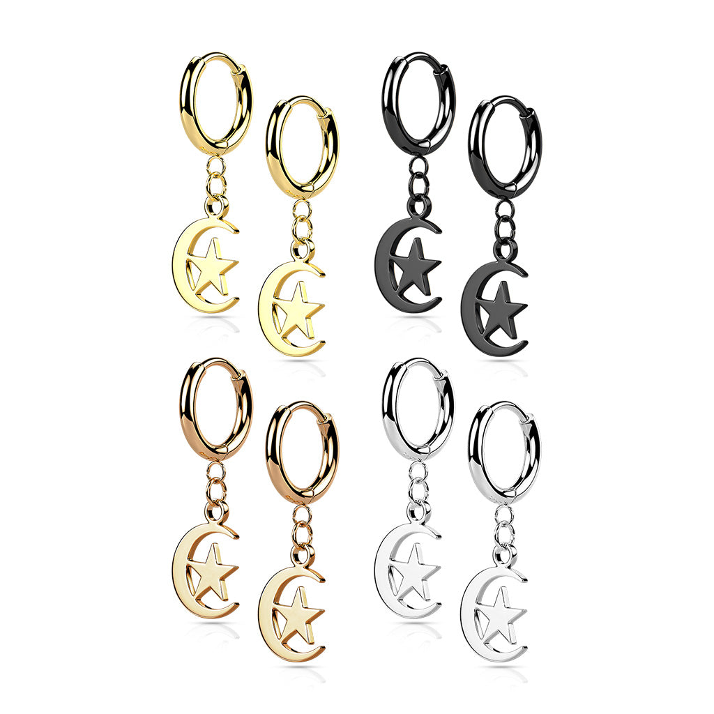 316L Surgical Stainless Steel Cross & Chain Dangle Hinged Hoop Earrings – Seamless Huggie Hoops (Pair) - Pic&Mix The Body Jewellery Shop