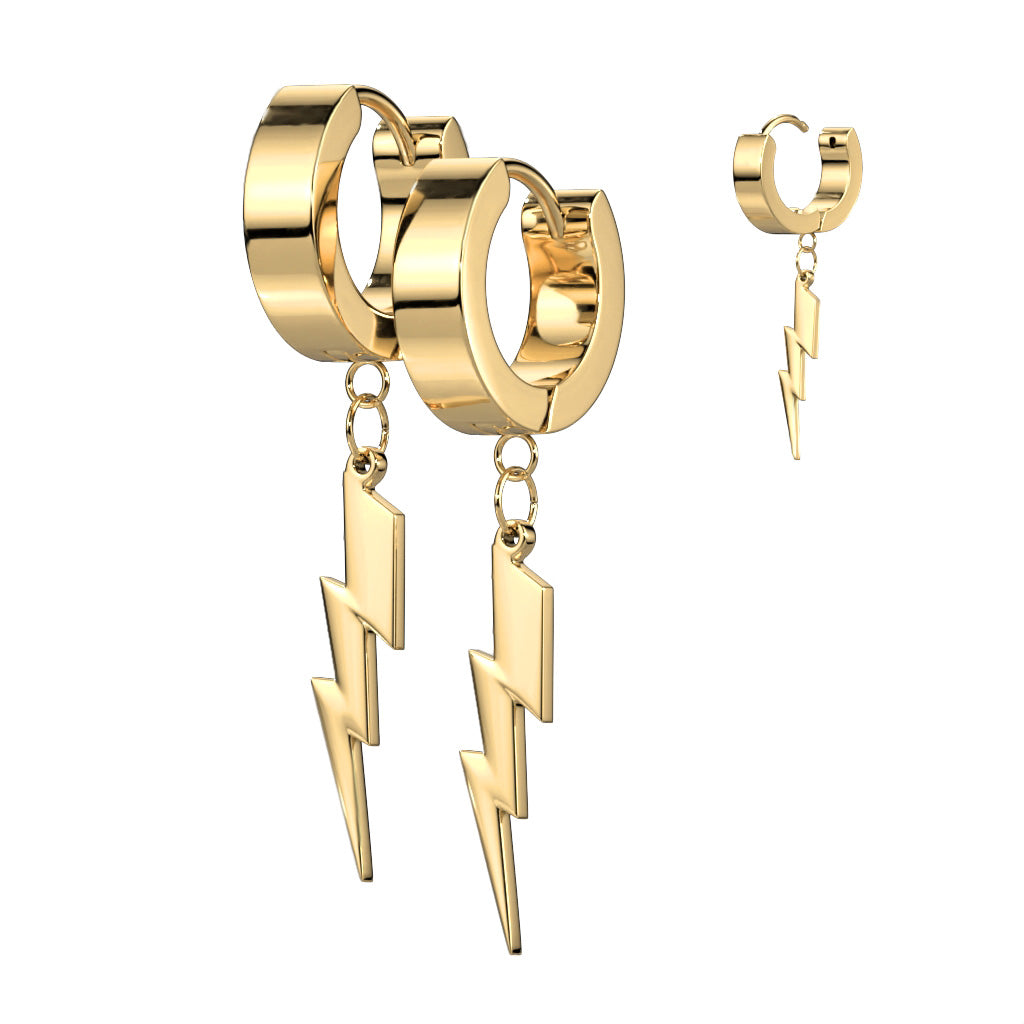 Pair of 316L Stainless Steel Hinged Hoop Earring With Lightning Bolt Dangle