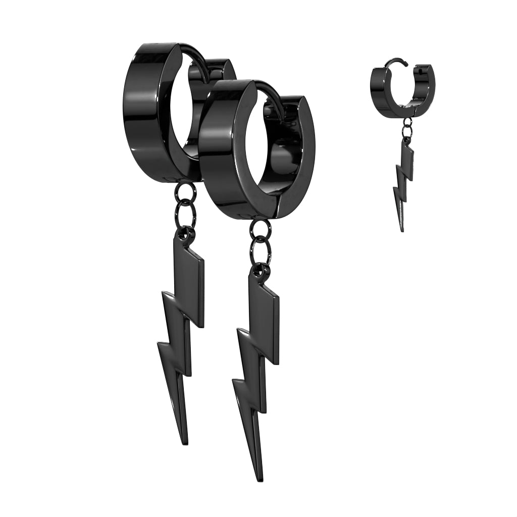 Pair of 316L Stainless Steel Hinged Hoop Earring With Lightning Bolt Dangle