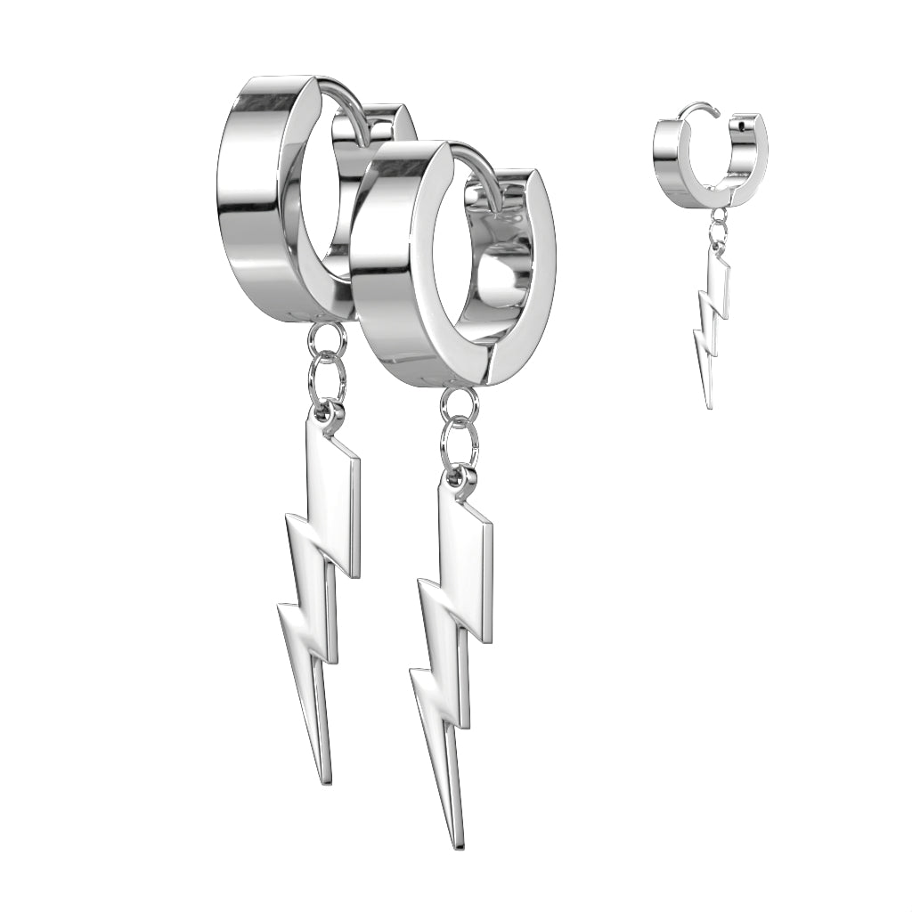 Pair of 316L Stainless Steel Hinged Hoop Earring With Lightning Bolt Dangle