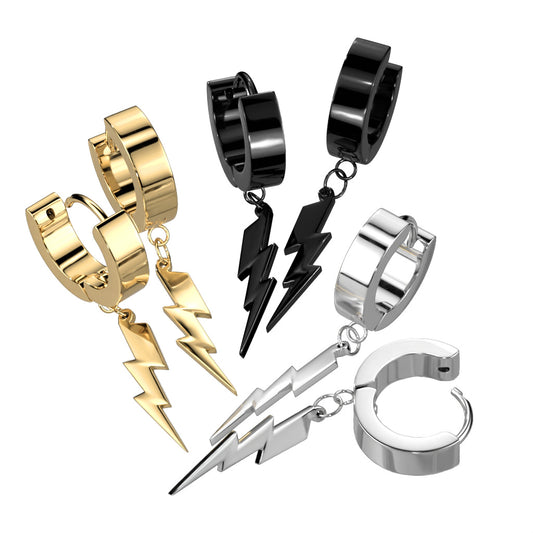 Pair of 316L Stainless Steel Hinged Hoop Earring With Lightning Bolt Dangle