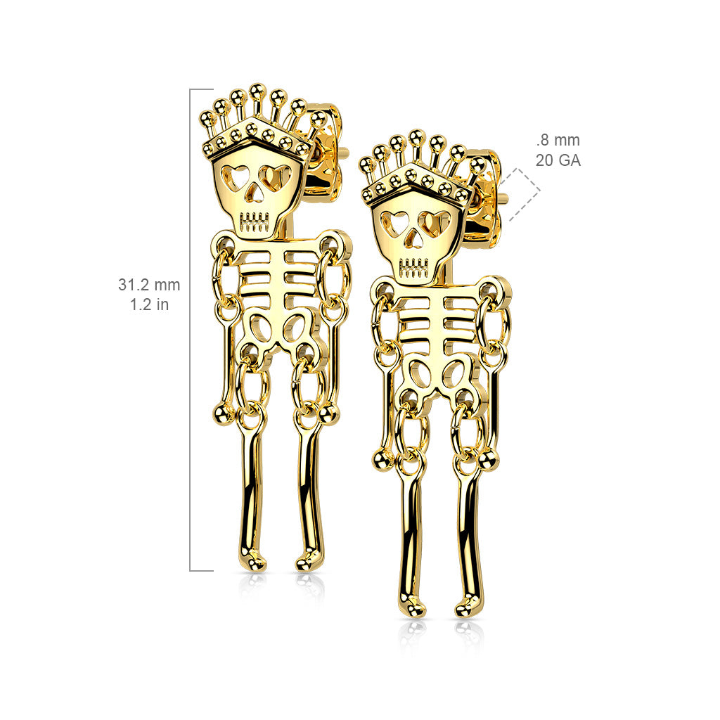 316L Surgical Stainless Steel Skeleton Dangle Stud Earrings – Gothic Piercing Jewellery (Pair) - Pic&Mix The Body Jewellery Shop