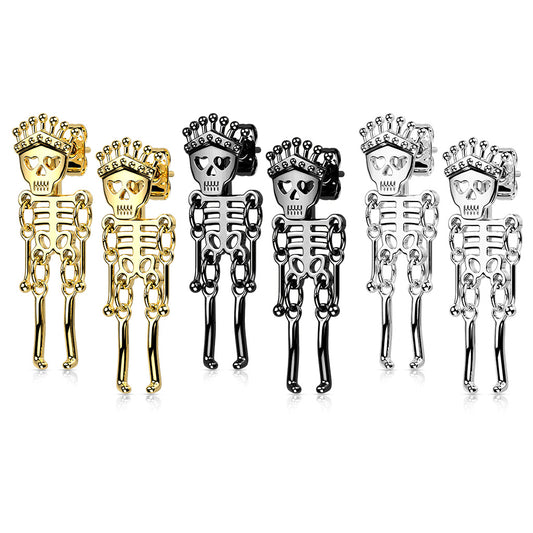 316L Surgical Stainless Steel Skeleton Dangle Stud Earrings – Gothic Piercing Jewellery (Pair) - Pic&Mix The Body Jewellery Shop