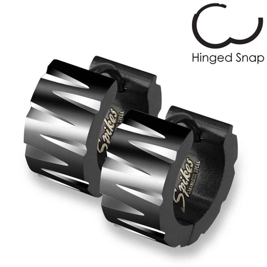 Pair of 316L Stainless Steel Black Hinged Wide Hoop Earring with Tribal Inspired Faceted Cuts