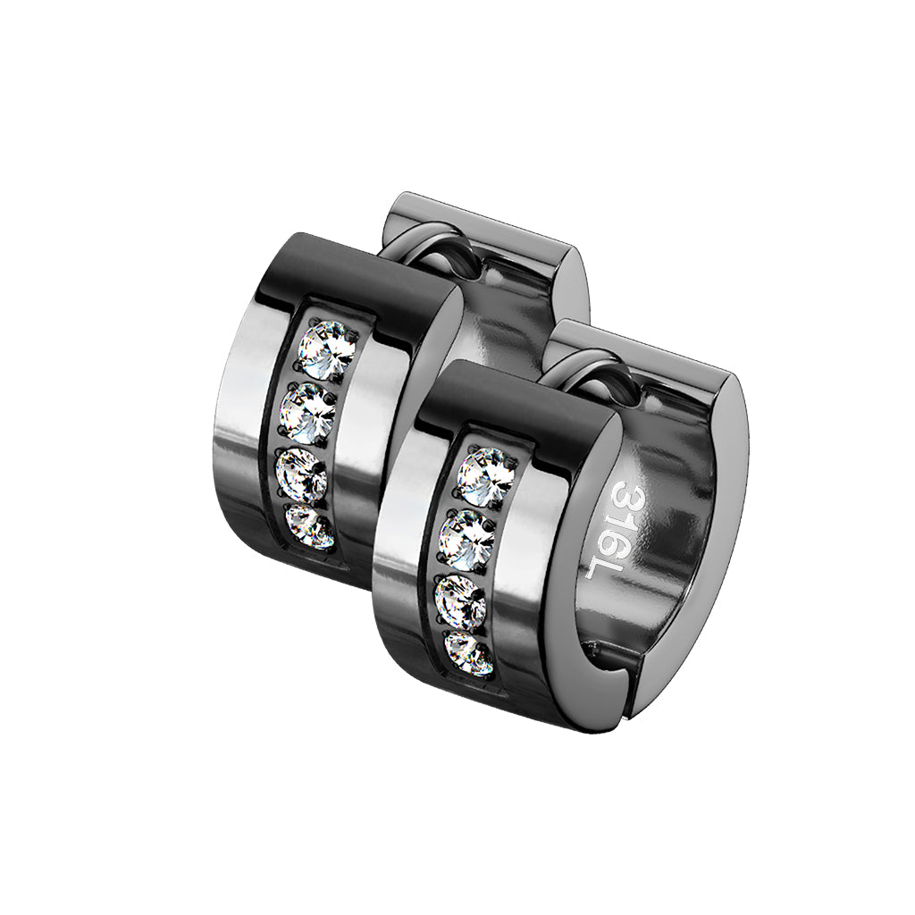 Pair of 4 CNC Set Clear CZ Stainless Steel Hinge Action Hoop Earrings - Pic&Mix The Body Jewellery Shop